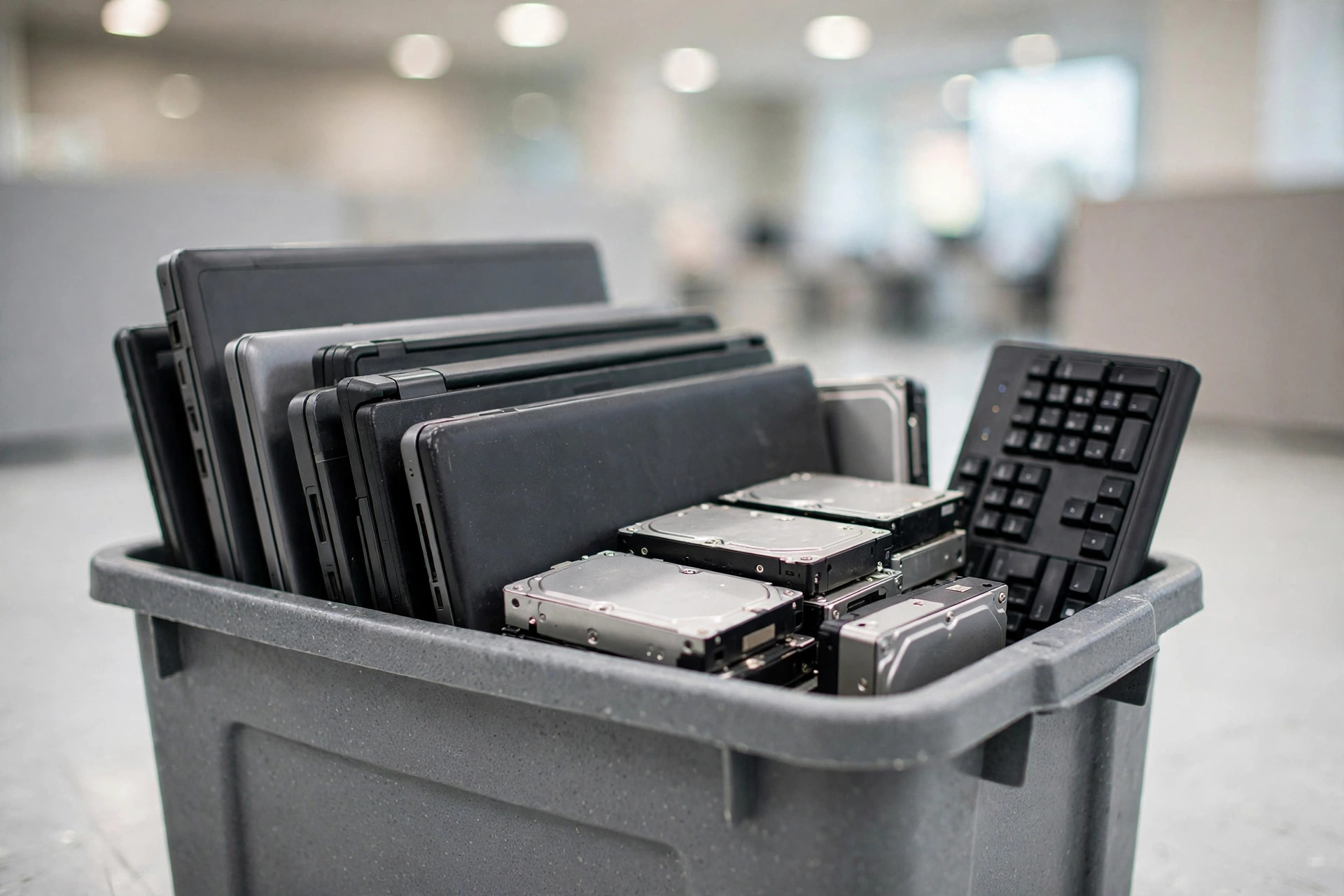 Enterprise hardware staged for secure IT asset pickup
